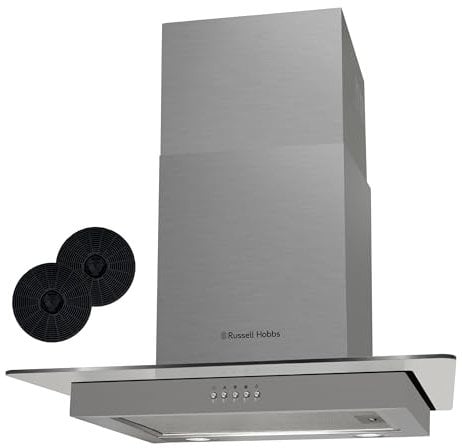 Russell Hobbs 60cm Flat Glass Cooker Hood, 3 Speed Settings, Washable Filters, ECO LED Lights, Low Noise, Extraction and Recirculation, Premium Push Button Controls, Stainless Steel RHFGCH601SS