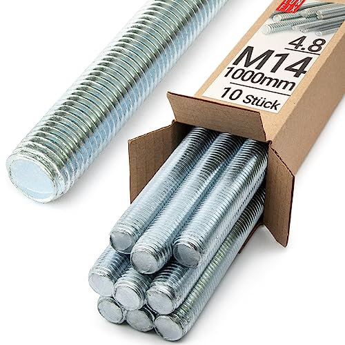Lun Fix Tige filetée | M14 x 1000 mm | Lot de 10 | Acier galvanisé 4.8 | DIN 976 | Filetage métrique | Goujon fileté M14 | Vis longue | Fixation industrielle | Montage métal