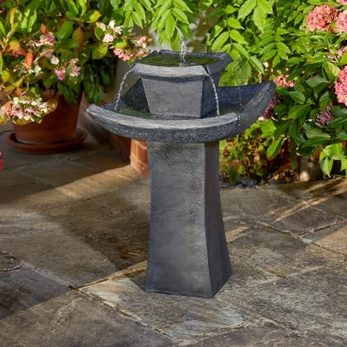 Oriental Pagoda Solar Powered Water Feature - Slate-Effect Polyresin 2 Tier Cascading Water Fountain, Outdoor Garden Patio, Decking, Yard Decoration – Measures H72 x 47cm Diameter