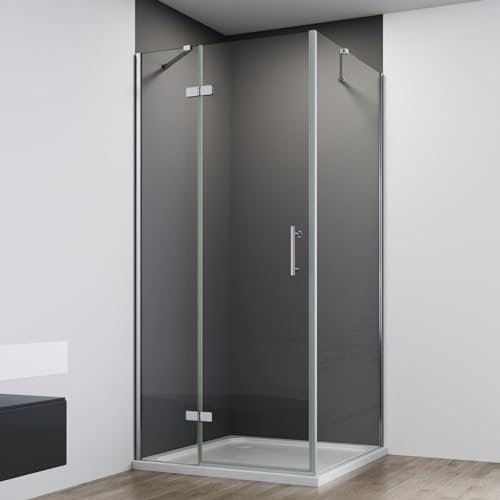 IMPTS Duschkabine 80X80cm Eckeinstieg mit Diagonalen Sicherheitsstange, Falttür mit Seitenwand Faltbar KlappbarDuschabtrennung 6mm ESG Glas Höhe 195 cm, OHNE Duschwanne und Ablaufgarnitur