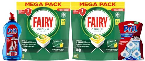 Set Per La Lavastoviglie: 2x Detergente Per Lavastoviglie In Monodosi, Con Profumo Di Limone, Mega Pack Da 62 Caps + Brillante per Lavastoviglie 500 ml + Cura Lavastoviglie in Caps