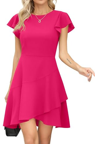 Missufe Robe de Cocktail pour Femme - Col Rond, Manches Flottantes - Soirée Patineuse Courte - Rose Chaud, L