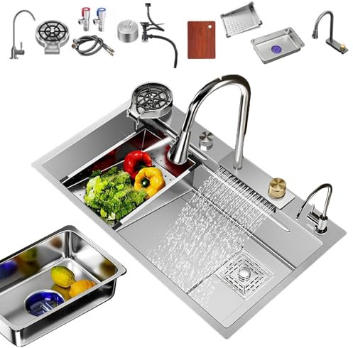 Küchenspüle Edelstahlspüle, Küchenspülenset mit integriertem Wasserfall und ausziehbarem Wasserhahn mit Heiß-/Kaltwasserhahn, Einbauspüle 6845