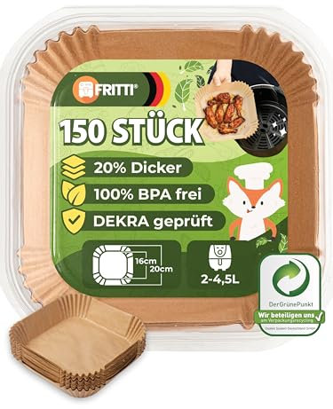 FRITTI Backpapier für Heißluftfritteuse 150 Stück DEKRA geprüft 16-20 cm quadratisch Heissluftfritteuse Zubehör Papier für Airfryer 2-5L