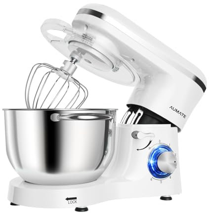 Aumate Robot Pâtissier, Robot de Cuisine Professionnel 1400 W 6,2 L, Robot Pétrin avec Fouet, Batteur et Crochet Pétrisseur, 6+P Vitesses (Blanc)