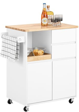 SoBuy Carrito Auxiliar de Cocina con 2 Cajones y 2 Puertas Carro Multiusos de Servicio Comedor con 4 Ruedas 1 Toallero y 1 Compartimento Abierto Blanco 72 x 42 x 84 cm FKW123-WN ES