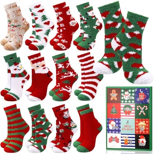 12 Paar flauschige Weihnachtssocken, Adventskalender 2024, Unisex-Socken-Set für Erwachsene, 12 Tage, Countdown-Kalender, Geschenk, bunt, flauschig, warme Socken für Weihnachten, Party, Geschenk,
