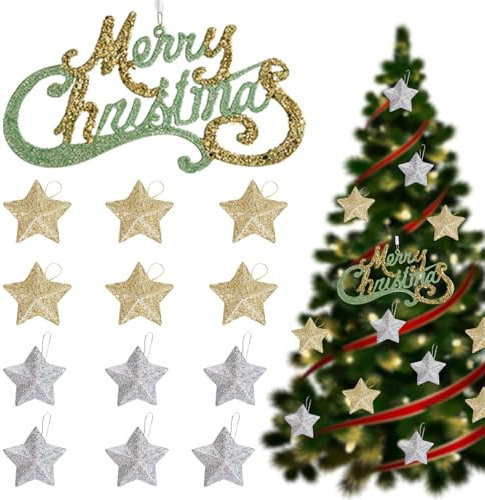 KASESSS Decoration Noel Sapin, 1Pcs Panneau Alphabet et 12Pcs 3D Etoile, Brillant Decoration Sapin de Noel, Belles Deco Sapin de Noel, Délicat Boule de Noel pour Sapin,Suspendre Ornement Sapin de Noel