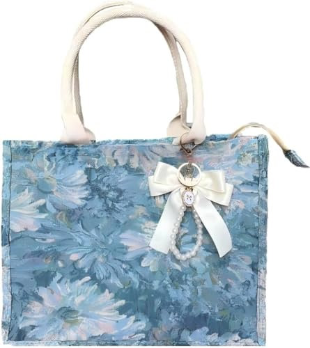Leinentasche mit Reißverschluss und Innentasche Jacquard-Stickerei Shopper mit Perlen und Schleifen Anhänger Handtasche Geschenktasche Einkaufstasche Arbeitstasche Strandtasche (A)