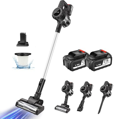 Bowose Akku-Staubsauger 2 Saugmodi Max 15Kpa Leichter Stabstaubsauger, 2 Stücks 3000mAh Akku, 180° Flexible LED-Bürste, für Hartböden, Teppiche, Tierhaare, Autoreinigung