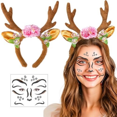 iZoeL Karneval Kostüm Damen Mädchen, Haarreif Reh Geweih Hörner mit Blumen + Reh Gesichtstattoo, Damen Kinder Reh kostüm Kopfschmuck Haarreifen Fasching Mottoparty Halloween kostüm