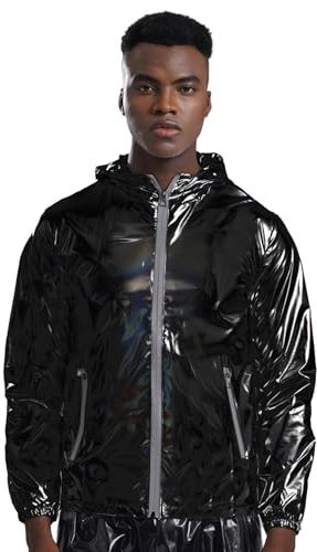Jugaoge Herren Glänzend Kapuzenjacke mit Reisverschluss Lack Leder Optik Bomber Jacket Bomberjacke Motorrad Biker Kostüm Clubwear Schwarz 5XL