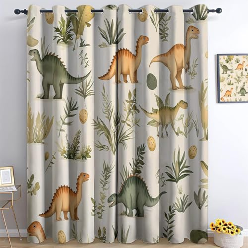 Generisch Verdunkelungsvorhänge 3D Aquarellstil Dinosaurier Pflanzen Ösen Vorhang 2er Set H166 x B75 cm Blickdicht Fenstergardinen Kinderzimmer Schlafzimmer Wohnzimmer Thermovorhang