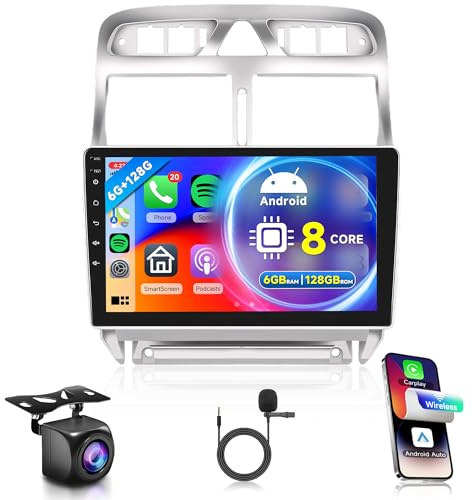 6G+128G 8 Core Inalámbrico Carplay Android Radio de Coche para Peugeot 307/307CC/307SW 2002-2013 9 Pulgadas Radio con Android Auto Navi GPS WiFi Mirror Link Bluetooth FM/RDS/DSP EQ/SWC Cámara Trasera