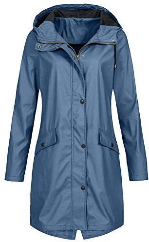 Angxiwan Waterproof Jacket Women with Pockets Lightweight Full Zipper Long Rain Coats Drawstring Plus Size Hooded Jackets Outdoor Windbreaker Camping Hiking Mountain Raincoat
