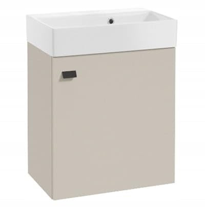 DomoDomo - Waschbeckenunterschrank 60 cm breit Hängend – Bad Unterschrank Kaschmir Matt – Badezimmer Unterschrank mit Waschbecken – Soft Close Tür, Schwarzer Griff, Modernes Design