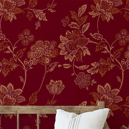S4sassy Papier peint floral vintage- Revêtement mural bordeaux, 63 x 304 cm, vinyle texturé autocollant, revêtement mural facile à réaliser soi-même pour chambre, salon et armoires de style campagnard