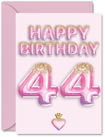 44th Birthday Cards for Women and Men, Pink & Purple Glitter Balloons | Happy Birthday Card for 44 Year Old Man Woman Brother Husband Nephew Friend, A5 Bday Greeting Cards