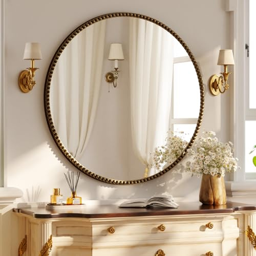 Koonmi runder Wandspiegel 80 cm, PU Perlenrahmen, Braun | Retro Badspiegel zum Aufhängen oder Anlehnen für Eingangsbereich, Schlafzimmer, Wohnzimmer und Flur