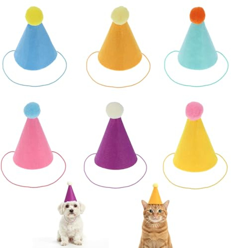 Qianyu 6 Mini-Partyhüte kleine Geburtstagshüte verschiedene Tier-Geburtstagsdekorationen Accessoires für kleine mittelgroße Stofftiere wie Hunde Katzen Kaninchen Welpen