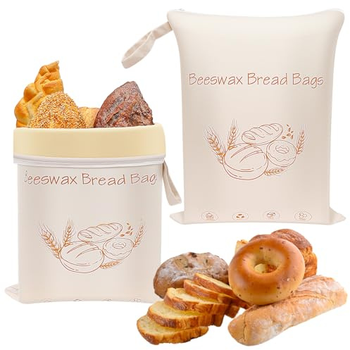 2er-Pack Bienenwachs-Brotbeutel mit L-Reißverschluss, 42x33cm 100% Baumwolle gewachste Beutel für selbstgebackenes Brot, Sauerteig, Aufbewahrungsbeutel für frische Lebensmittel, wiederverwendbar (A)