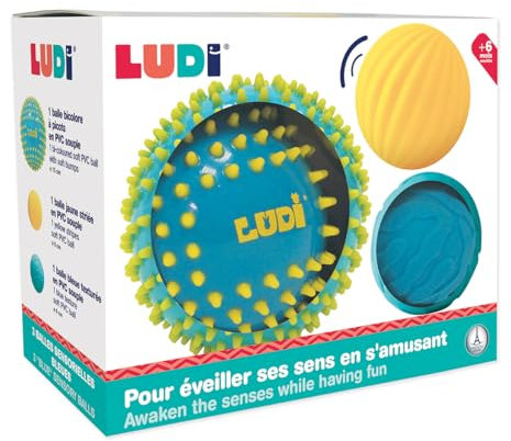 LUDI - 3 Balles Sensorielles Souples Texturées - Jouet D'Éveil Bébé - Dès 6 Mois - Développe Le Toucher, La Motricité Fine & Le Bien-Être - Diamètre : 8 & 15 cm - Bleu & Jaune