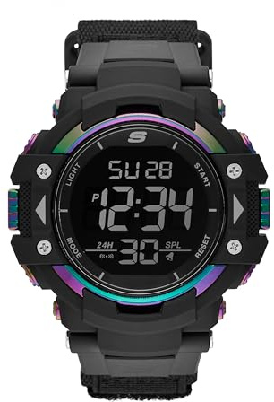 Skechers Men's Keats Digital Chronograph Watch, Black Iridescent Digital Watch for Men