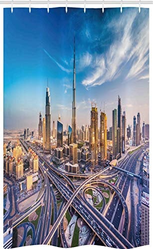 ABAKUHAUS Dubai Schmaler Duschvorhang, Panoramisch Arabien Verkehr, Badezimmer Deko Set aus Stoff mit Haken, 120 x 180 cm, Blau Elfenbein Marigold
