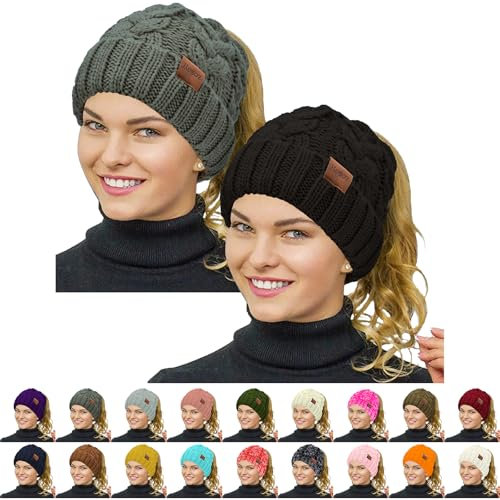 Rosoz Pferdeschwanz-Mütze für Damen, Winter, warm, weich, Stretch, Zopfmuster, unordentlicher hoher Dutt, 2er-Pack, Schwarz/Grau, Einheitsgröße