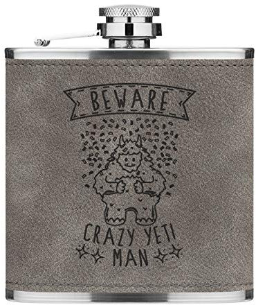 Beware Crazy Yeti Man 6oz PU Leather Hip Flask Grey Luxe