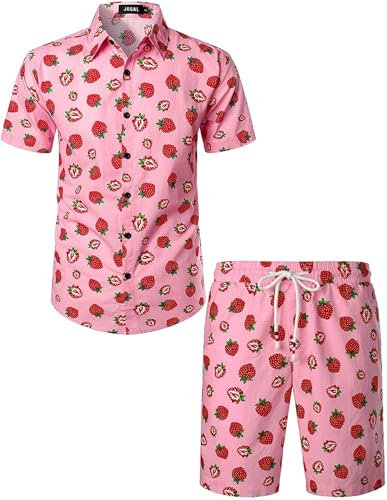 JOGAL Chemise hawaïenne, décontractée, à manches courtes, pour homme, motif floral, Rose/rouge, S