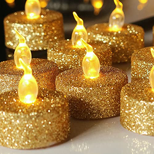 Topchances 12 Pcs Glitter Flameless Tea Lights Candles, Warm White Lamp Tea Lights Battery LED Light, Electric Fake Candles for Wedding Celebrations Party Gifts & Festival Celebration (Golden)