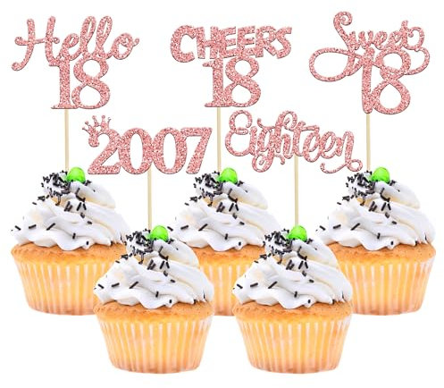 Gyufise 30 Pack Rose Gold Glitter 18th Birthday Cupcake Toppers Hello Sweet 18 Sixteen Since 2007 Cupcake Picks for Cheers to 18th Birthday Party Cake Decorations Supplies