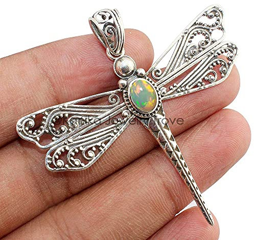 925 Sterling Silber Libellen-Anhänger für Frauen & Mädchen Geschenk, 7 x 5 mm ovaler Cabochon-Opal-Anhänger ohne goldene Kugel