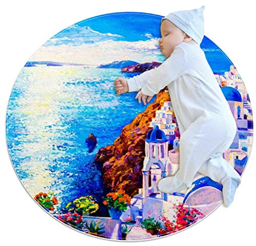 Runder Teppich Santorini Griechenland Malerei Inneneingang Fußmatte Überwurfläufer Teppich Unterlage Yogamatte für Wohnzimmer Schlafzimmer 75 cm