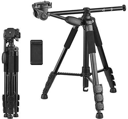 Andoer Treppiede da 157 cm, treppiede per fotocamera con colonna centrale a 90 gradi in alluminio con testa a sfera a 360 gradi raccordo a vite per telefono borsa il trasporto portata 5 kg
