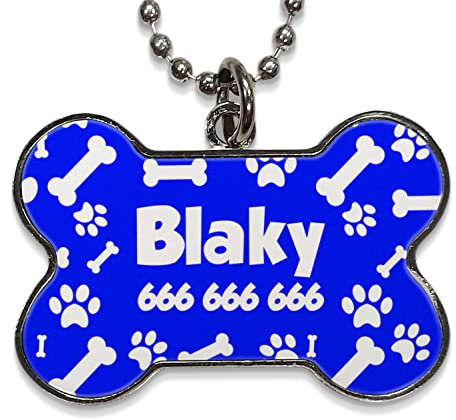 LolaPix Chapa Perros Personalizadas con foto, texto o imagen. Placas para Perros. Chapa metálica con forma de hueso. Regalo personalizado. HUELLAS AZULES