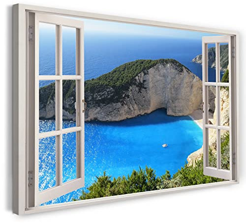 Printistico Bilder Fensterblick 120x80cm Baumwoll-Leinwand auf Keilrahmen mit Aufhänger moderner Kunstdruck XXL Wandbilder Wand-Dekoration Bucht Klippen Meer Strand Urlaub - Natur-Fotografie