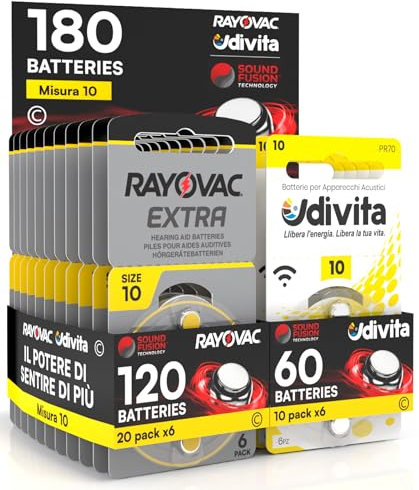 180 Piles pour appareils acoustiques Rayovac Extra Advanced 10 180 Piles : 120 Rayovac + 60 Udivita