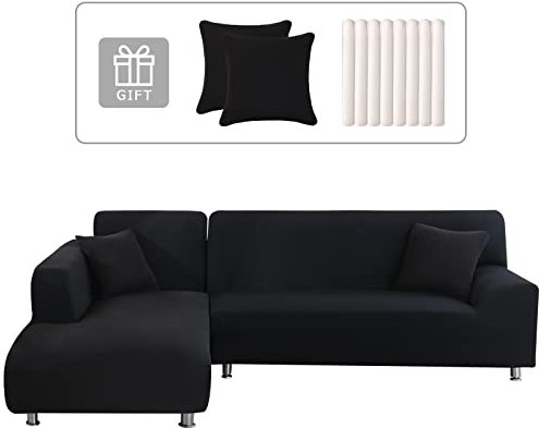Lydevo Sofabezug Ecksofa L Form Sofa Überwürfe Stretch Sofabezug L Form Rechts oder Links mit Zwei Kissenbezügen Waschbar Universal-Couchbezug L Form Sofa Cover L Shape(1 Sitzer+2 Sitzer,Schwarz)