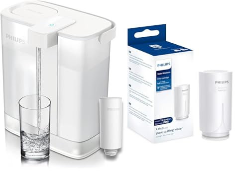 Philips Water Instant Water Filter - 3L Capacity, 1L/min Fast Flow, USB-C Rechargable & On Tap Water Filter Cartridge, Chlorine, 1 Count