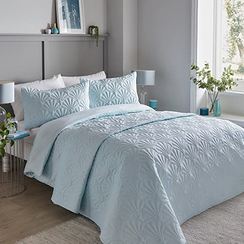 Serene - Duck Egg Blue Floral Embroidery Duvet Cover - Super King Bedding Size (260 x 220cm) - Luxury Bedding - Soft Touch - Pinsonic/Ultrasonic Pattern - Duck Egg Embossed Duvet - Cavili Collection