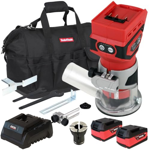 Excel 18V Cordless Router Trimmer with 2 x 5.0Ah Battery Charger & Bag Chuck Capacity 6mm - Speed 12000-30000 RPM - Brushes Motor - Shaft Lock - Dust Nozzle
