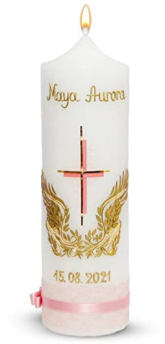 WikaKerzen Taufkerze Mädchen Jungen personalisiert mit Engelsflügel und Kreuz Motiv individuell handverziert als Geschenk zur Taufe & Kommunion | Jetz Farbe und Größe wählen (Engelsflügel, Rosa-Gold)