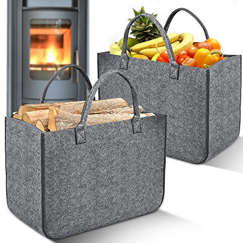2 Stück Filztasche Kaminholztasche aus Filz Kaminholzkorb Filztaschen Einkaufskorb Brennholzkorb für Filzkorb, Shopper, Holz, Zeitungen, Einkaufstasche, Große Faltbarer Tragbare (Mittelgrau)