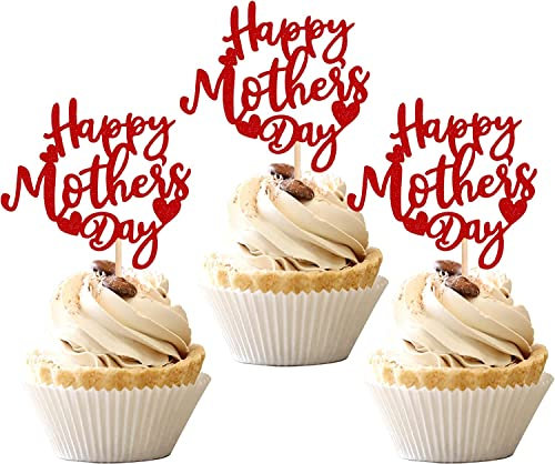 24 Stück Happy Mother's Day Tortendeko Glitter Happy Mother's Cupcake Toppers Liebe Herz Kuchen Deko für Glücklicher Muttertag Thema Frauen Geburtstag Party Rot