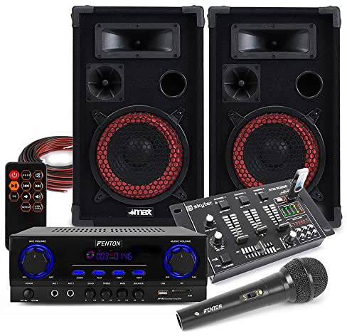 Max 8 Passive DJ Speaker System with AV440 Bluetooth Karaoke Amplifier, Wired Microphone & Compact USB Mixer - Complete Home DJ & Karaoke Audio Solution
