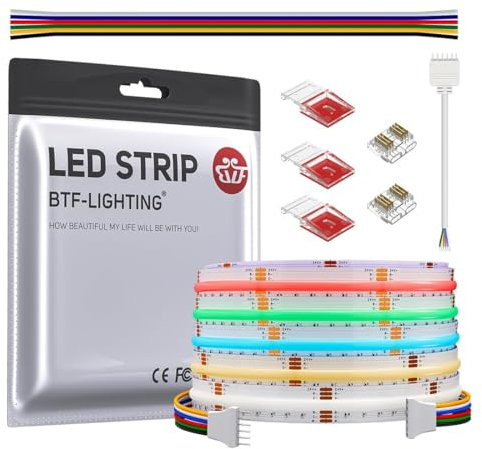 BTF-LIGHTING FCOB COB RGBCCT Flexible Hohe Dichte LED-Streifen COB RGBCCT LED Strip 5M 960LED/M DC24V 18W/M IP30 Mehrfarbig für TV Zimmer Party DIY Heimdekoration(Nicht inhalt Controller&Netzteil)