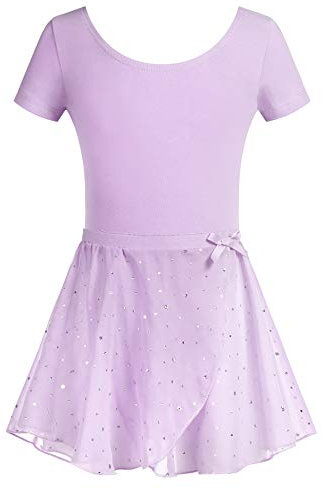 Arshiner Ballettanzug Zweiteilig Mädchen Ballettkleid Kurzarm Kinder Ballettkleidung Baumwolle Ballett Trikot mit Rock Tütü Lila 160/10-11 Jahre
