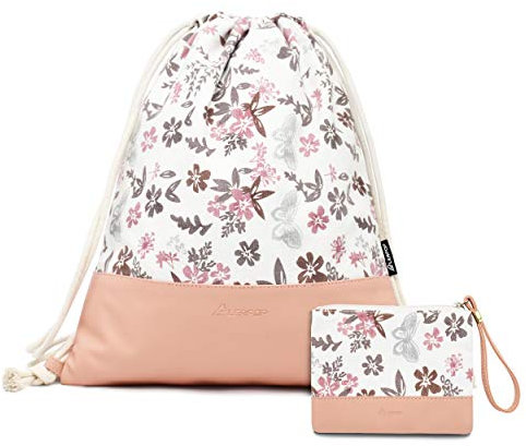 LEAPOP Turnbeutel Hipster Segeltuch Sporttaschen, Rosa Gym Sack Beutel Sportbeutel Tüte Rucksack mit Innentasche und Schlüsselbund, Münzbörsen (Blumen)